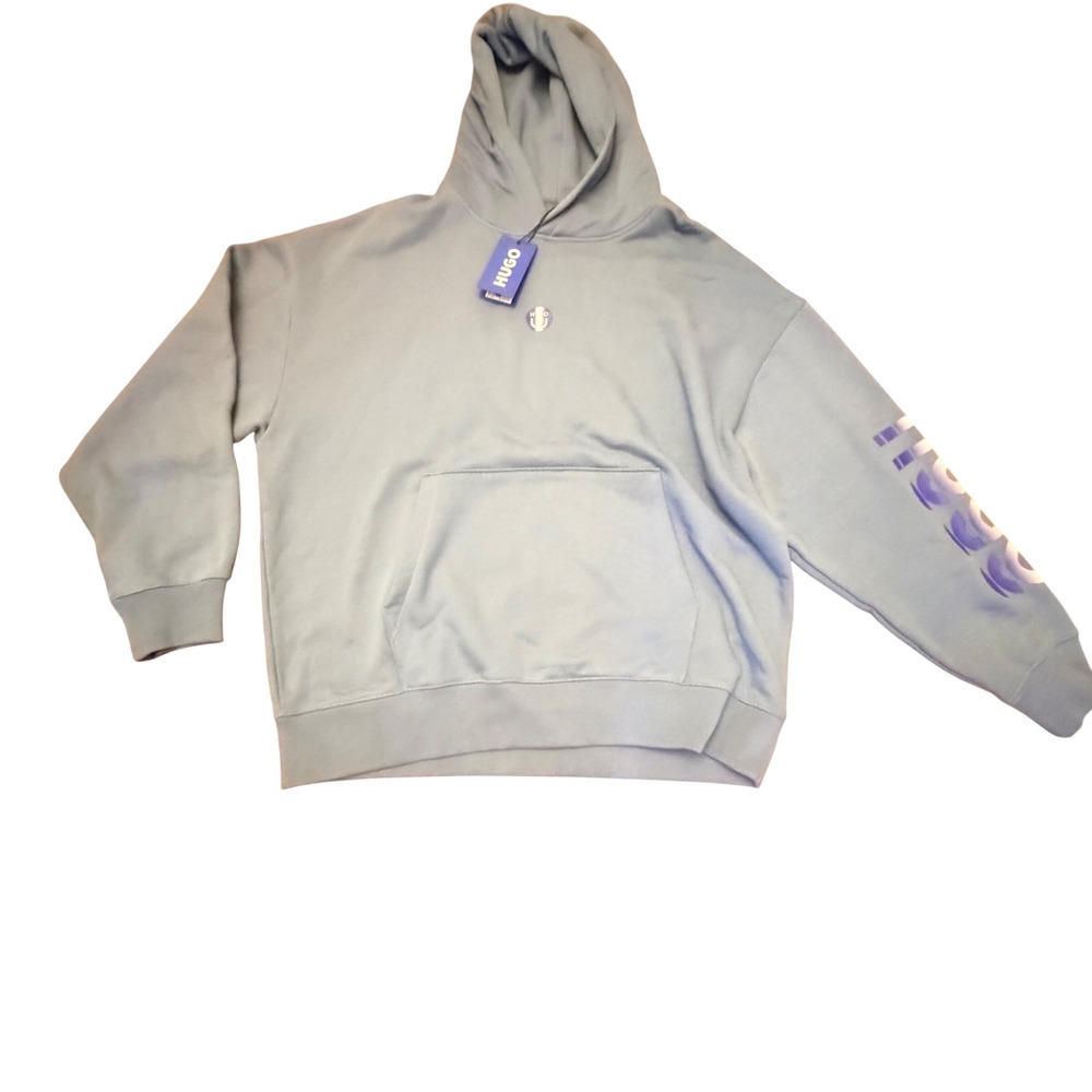 HUGO Hoodie Mens XL Light Blue NEW Niftyhood Logo Sleeve Sweatshirt